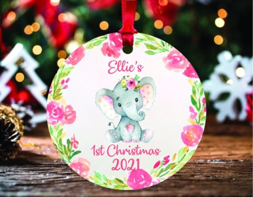 Personalized Elephant Babys First Christmas Ornament with Name and Year 1