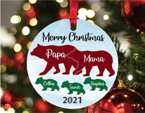 Personalized Family Bear with Bear Cubs Name Year Christmas Ornament 1