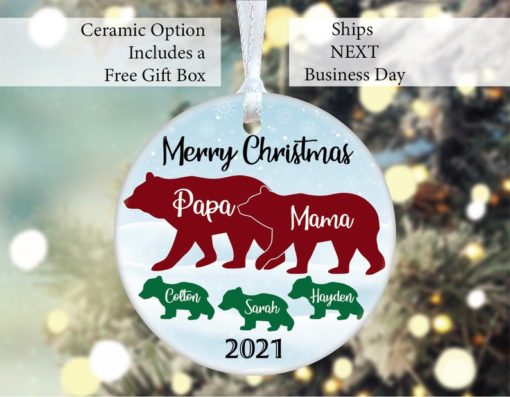 Personalized Family Bear with Bear Cubs Name Year Christmas Ornament 2