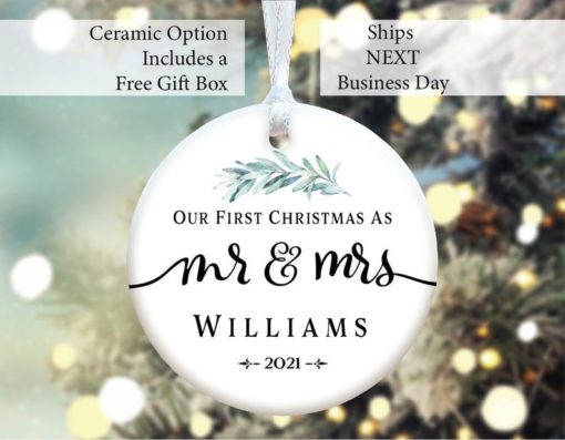 Personalized First Christmas as Mr Mrs 2 Porcelain Ornament 1