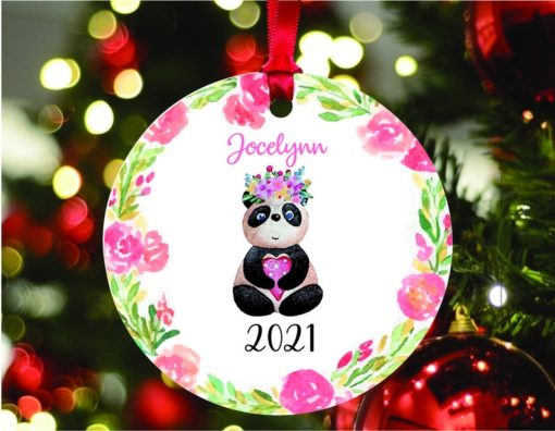 Personalized Watercolor Panda Girl Christmas Ornament with Name and Year 1