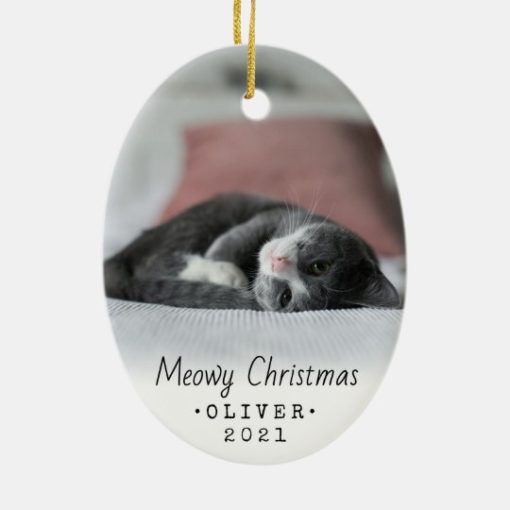 Photo Any Text Meowy Christmas Cat Simple White Ceramic Ornament 1