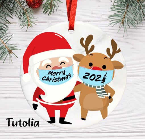 Santa and Reindeer with mask 2021 Christmas Ornament 1