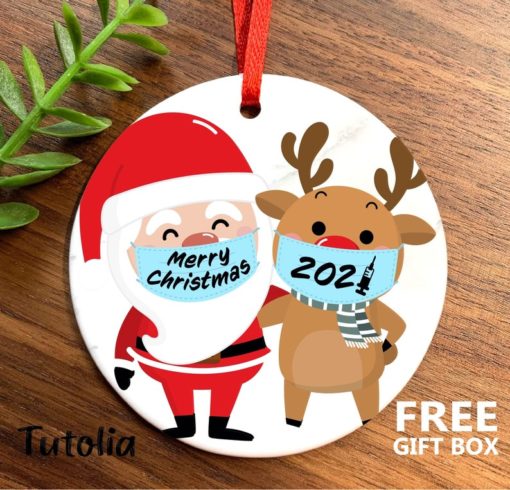 Santa and Reindeer with mask 2021 Christmas Ornament