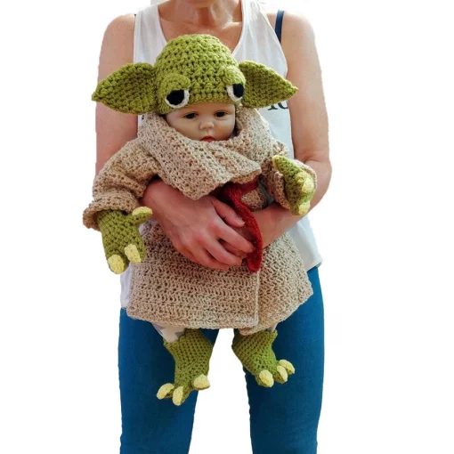 Yoda Style Newborn Infant Baby Photography Prop Crochet Knit Costume Set Handmade Toddler Cap Outfits 1