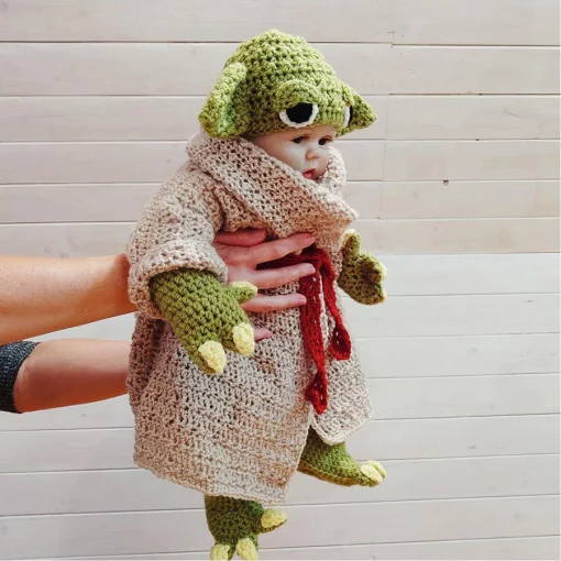 Yoda Style Newborn Infant Baby Photography Prop Crochet Knit Costume Set Handmade Toddler Cap Outfits 6
