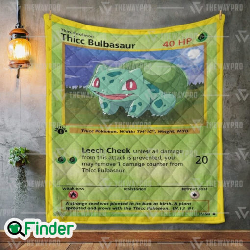 Thicc Bulbasaur Pokemon Trading Card Quilt Blanket 1