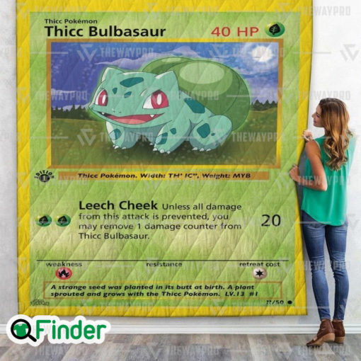 Thicc Bulbasaur Pokemon Trading Card Quilt Blanket