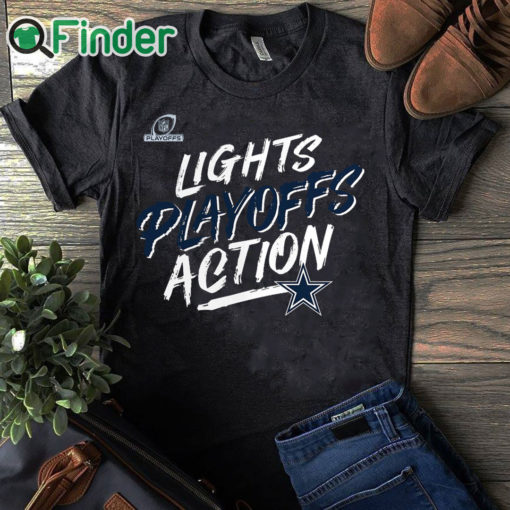 black T shirt Dallas Cowboys 2021 NFL Playoffs Bound Lights Action T Shirt