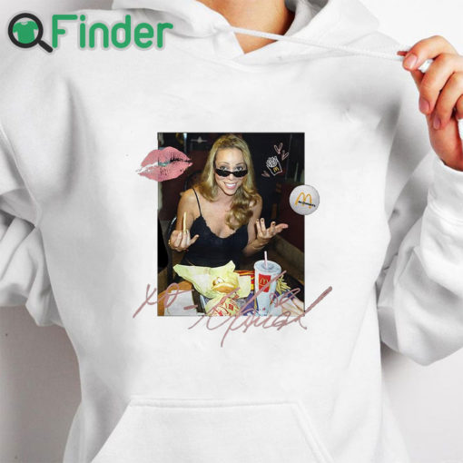 white hoodie Mariah Carey Mcdonalds T shirt