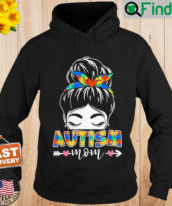 Autism Awareness Mom Hearts Messy Bun Mothers Day Hoodie