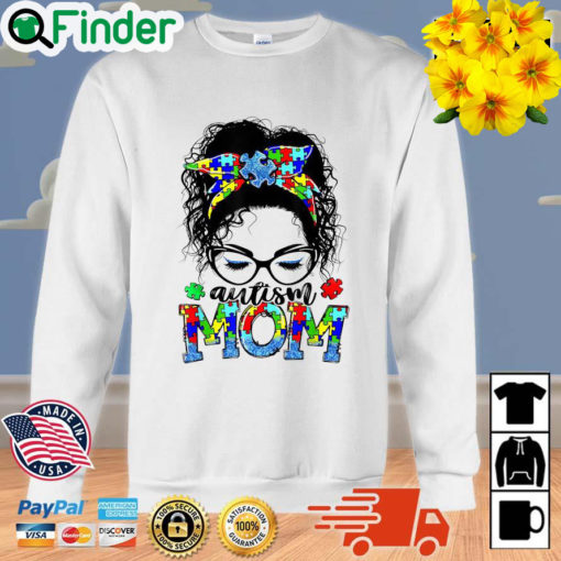 Autism Mom Puzzle Pieces Ribbon Messy Bun Hair Sweatshirt