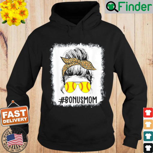 Bleached Softball Bonus Mom Life Leopard Messy Bun Game Day Hoodie