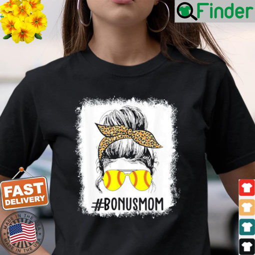 Bleached Softball Bonus Mom Life Leopard Messy Bun Game Day Shirt