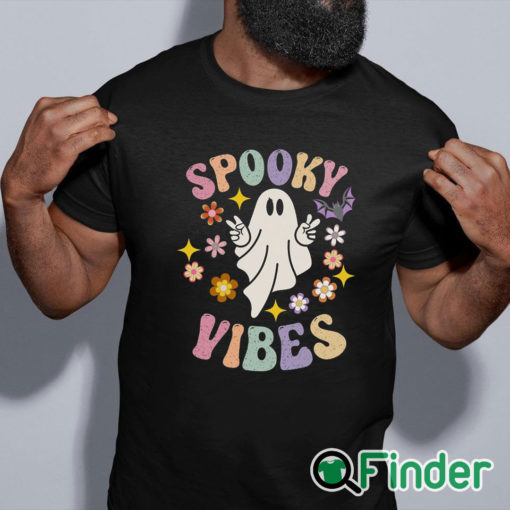 black shirt Spooky Vibes T Shirt, Groovy Halloween Tee, Retro Ghost T Shirt, Hippie Halloween Shirt