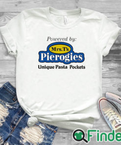 white T shirt Powered By Mrs T's Pierogies Unique Pasta Pockets Shirt