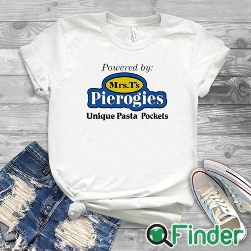 white T shirt Powered By Mrs T's Pierogies Unique Pasta Pockets Shirt