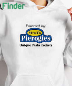 white hoodie Powered By Mrs T's Pierogies Unique Pasta Pockets Shirt