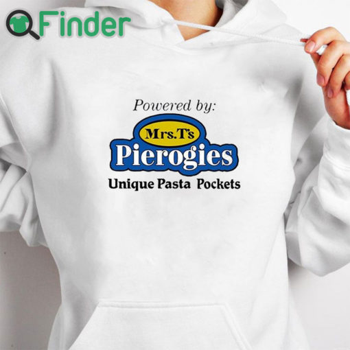 white hoodie Powered By Mrs T's Pierogies Unique Pasta Pockets Shirt