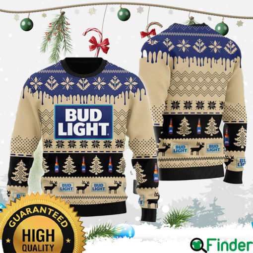 Bud Light Big Logo With Snowflakes Pine Tree And Reindeer Pattern Vintage Holiday Ugly Sweater