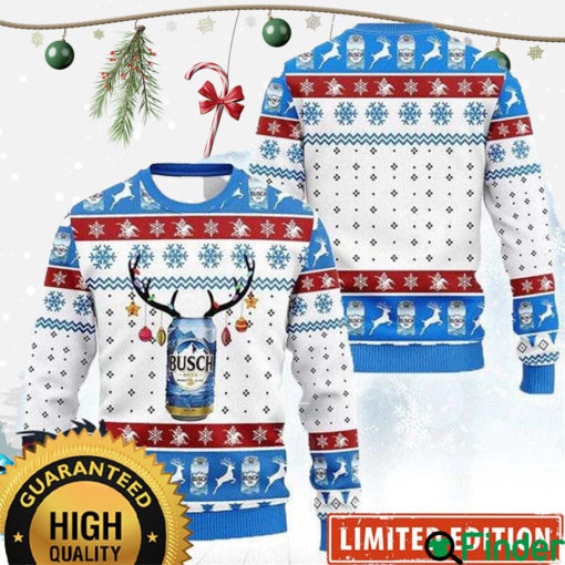 Busch Light Beer Reindeer Snowflakes Knitting White And Blue Christmas Ugly Sweater