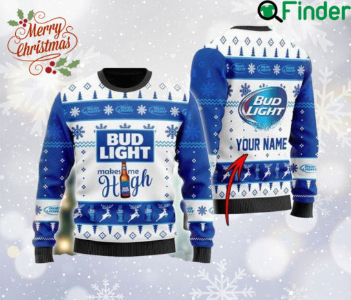 Personalized Bu d Light Makes Me High Ugly Christmas Sweater, Bu d Light Beer Sweatshirt, Beer Logo All Over Print Sweater, Gift For Fan