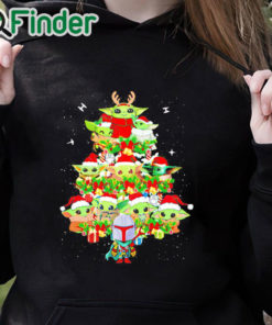 black hoodie Baby Yoda Santa Christmas tree lighting shirt