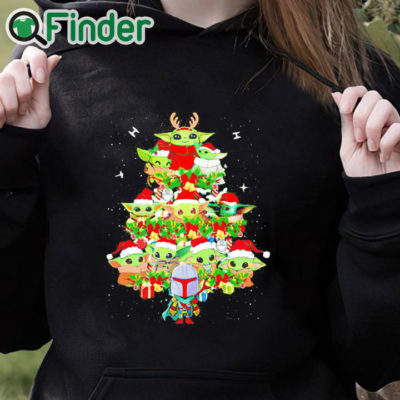 black hoodie Baby Yoda Santa Christmas tree lighting shirt