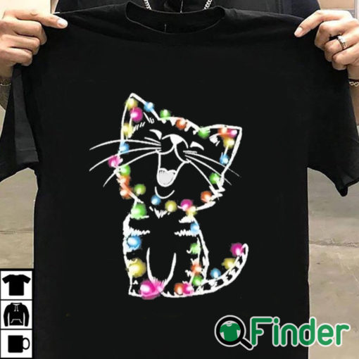 T shirt black Women's Christmas lights cat Print Sweatshirt