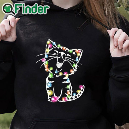 black hoodie Women's Christmas lights cat Print Sweatshirt