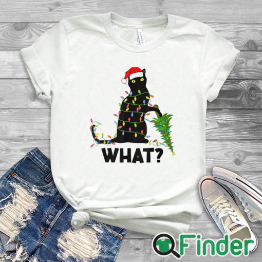 white T shirt Black Cat Pushing Christmas Tree Over Cat Christmas T shirt