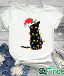 white T shirt Santa Black Cat Tangled Up In Christmas Tree Lights Holiday Sweatshirt