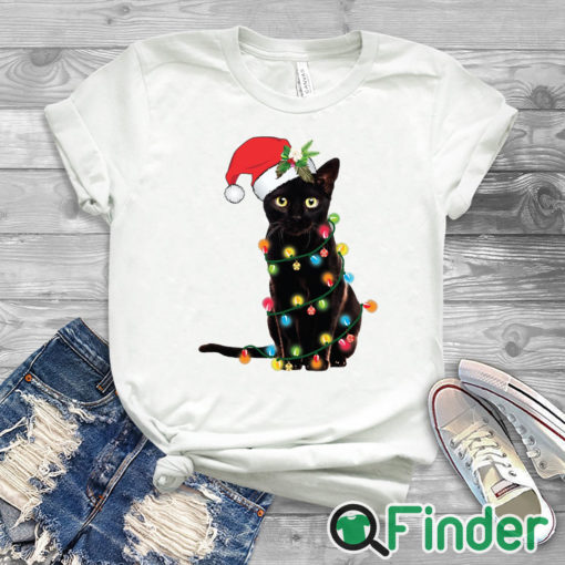 white T shirt Santa Black Cat Tangled Up In Christmas Tree Lights Holiday Sweatshirt