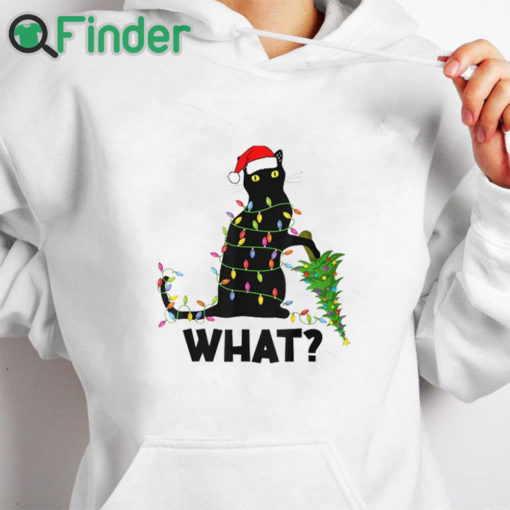 white hoodie Black Cat Pushing Christmas Tree Over Cat Christmas T shirt