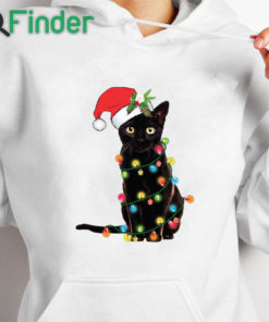 white hoodie Santa Black Cat Tangled Up In Christmas Tree Lights Holiday Sweatshirt