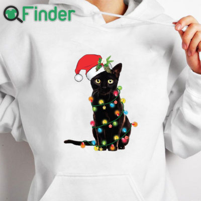 white hoodie Santa Black Cat Tangled Up In Christmas Tree Lights Holiday Sweatshirt