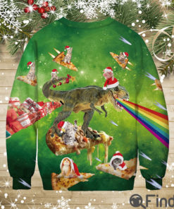 Cat and T rex Pizza Fest Ugly Christmas Sweater