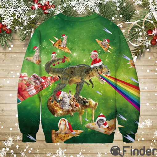 Cat and T rex Pizza Fest Ugly Christmas Sweater