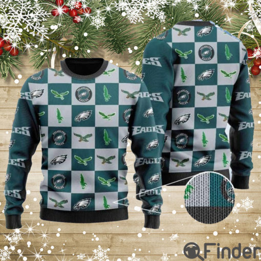 Eagles Logo Checkered Flannel Design Knitted Ugly Christmas Sweater