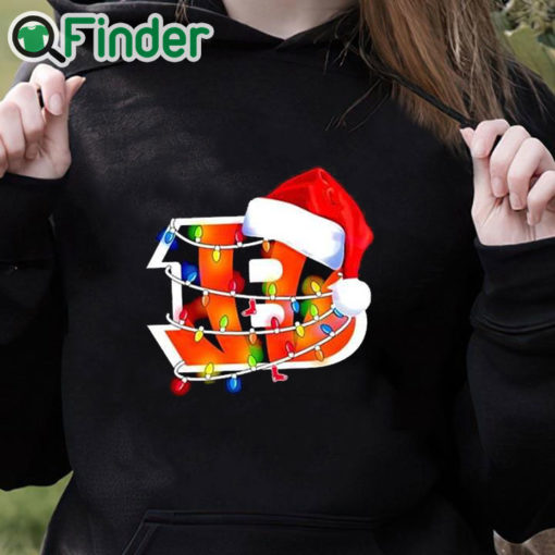 black hoodie Cincinnati Bengals Santa Hat Christmas Lights Sweatshirt