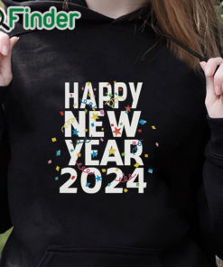 black hoodie HAPPY NEW YEAR 2024 Letter Pattern Print Shirt