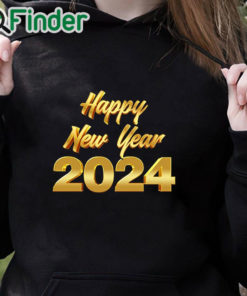 black hoodie Happy New Year 2024 Letter Print Casual Sweatshirt