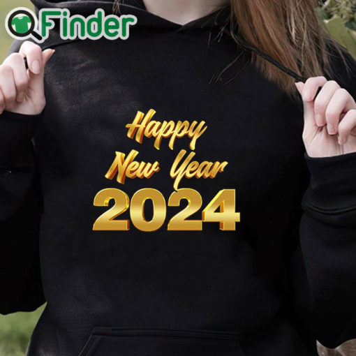 black hoodie Happy New Year 2024 Letter Print Casual Sweatshirt