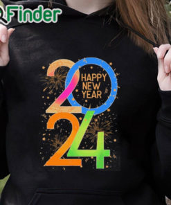 black hoodie Official Happy New Year 2024 Letter Print Casual Shirt